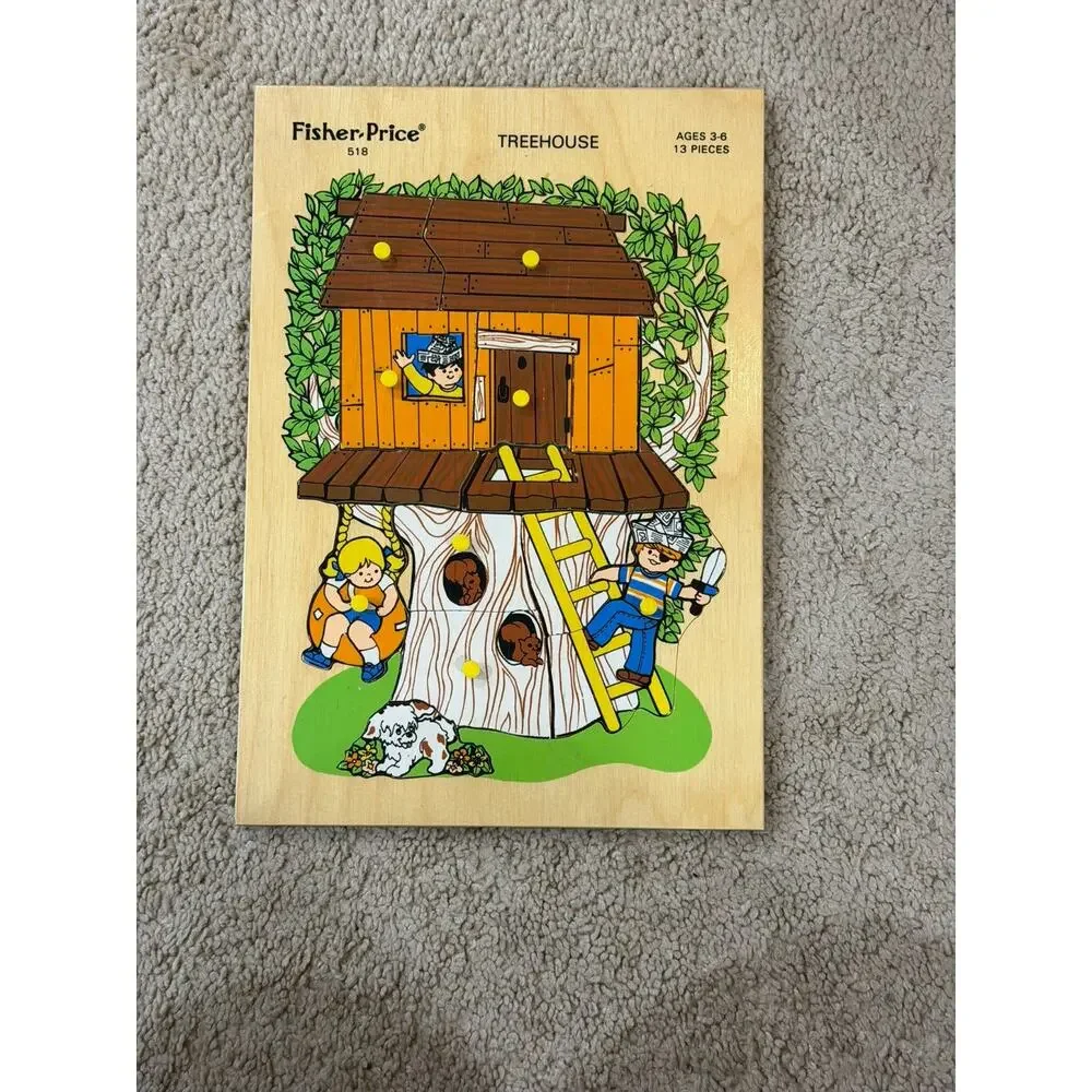 Fisher-Price Wooden Peg Puzzles Lot 1970s Vintage House & Treehouse #513 #518